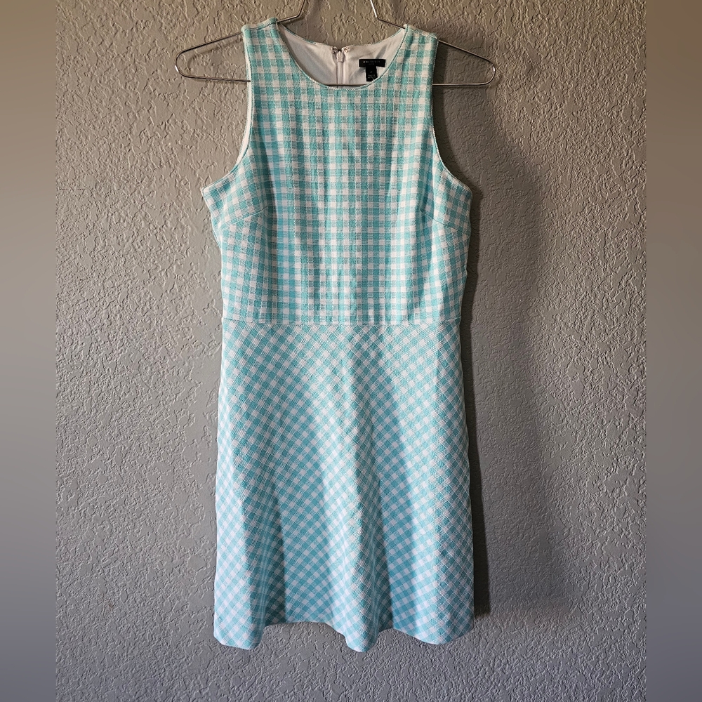 Ann Taylor Aqua and White Gingham Sleeveless Fit-and-Flare Dress Size 4P